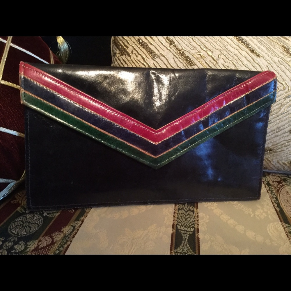 Vintage 70’s LEATHER CLUTCH Bag LARGE Black Multicolor